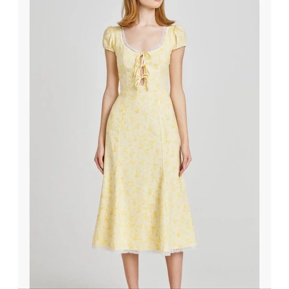 Wayf Cara floral cap-sleeve linen-blend midi dress lace trim size S NWT